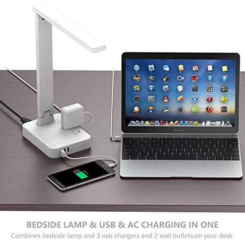 COZOO LED Desk Lamp with 3 USB Charging Port and 2 Outlet Power Strip, 3 Lighting Model with 3 Brightness Level, 1h Timer, Touch Control, Memory Function (White-)