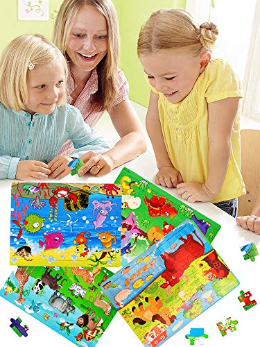 Wooden Jigsaw Puzzles Set for Kids Age 3-6 Year Old 40 Piece Colorful Wooden Puzzles Animals,Dinosaurs,Farms,Oceans,Education and Learning Intelligence Toys Jigsaw Puzzles,Wooden Puzzles Set of 4 for