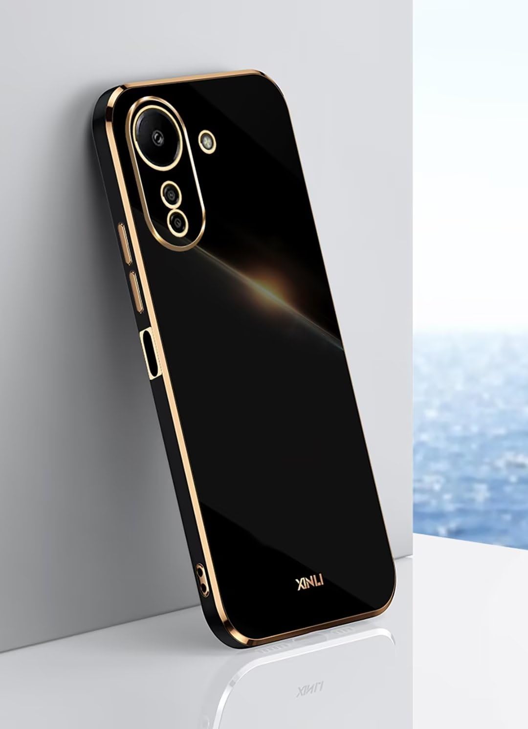 JIAFEI Case for Xiaomi Redmi 13C / Poco C65, Stylish Design Gold Edging TPU Silicone Colorful Shiny Telephone Sleeve Shell Cover Case, Black