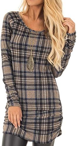 Brilanter Womens Plaid Tunic Crewneck Tops Long Sleeve T Shirt Dress Ladies Slim Fit Tunics Shirts