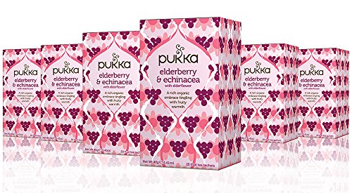 Pukka Herbs Organic Elderberry and Echinacea Herbal Tea, 20 individually wrapped tea bags, 6 Count