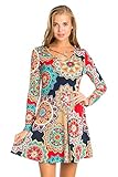 5Thread Women's Casual Print Long Sleeve Front Strappy Tunic Dress Top W/Side Pocket
