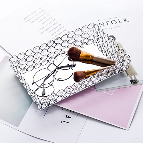 Feyarl Crystal Cosmetic Tray Rectangle Vanity Tray Jewelry Trinket Organizer Tray Mirrored Decorative Tray Christmas (Silver) - Thumbnail 3