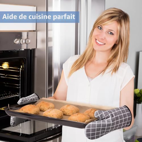Gants de Four, Gants de Cuisine Silicone Coton Résistant à Chaleur et Antidérapant, Gloves pour la Cuisson des Aliments Faisant Cuire Barbecue - 1 Paire (Grey) — photo 6 sur 6
