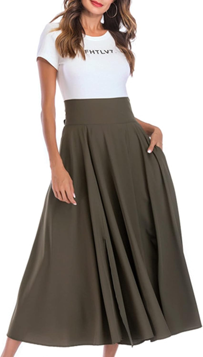 Women's Summer Swing Skirts High Waist Tie Back Split Hem Pockets Solid