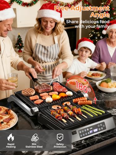 FOHERE Multifunctional 4 in 1 Contact Grill, Waffle Maker and Sandwich Maker with 4 Removable Non-Stick Plates, Individual Time and Temperature, LED Display, 2000W