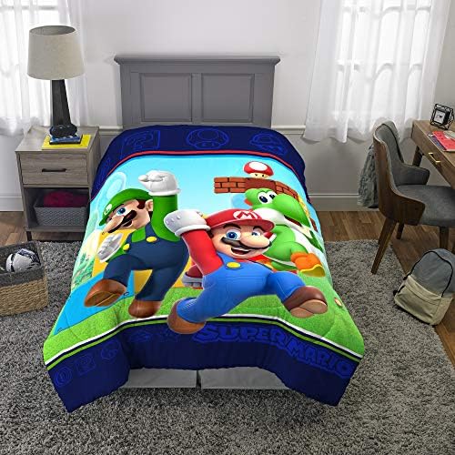 Tremendous Mario themed comforter on a bed in a room.