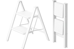 PLEDDANIO Step Ladder 2 Step Folding Step Stool Lightweight Step Stools W/Wide Anti-Slip Pedal 330lbs Capacity Decorative Small Portable Step Ladder for Kitchen Home Office White