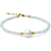 A&M Gems 2.5-3 mm Natural Gemstone Round Faceted Beaded Bracelets with Pearl Crystal Jewelry Gold Plating Lock & 1 Inch Adjustable Chain Handmade Bracelet Gifts for Women 7 Inch Bracelet