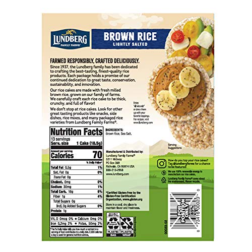 Lundberg Brown Rice Cakes, Lightly Salted, 8.5 oz (Pack of 6), Gluten