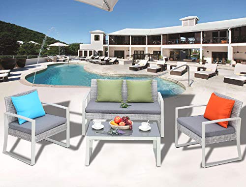 Do4U 4 PCS Outdoor Patio Furniture Conversation Set Cushioned PE Wicker Bistro Table Set with Co ...