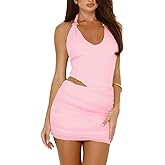 MiiVoo Women's Summer Sexy Cutout Halter Bodycon Mini Dresses Deep V-Neck Backless Ruched Party Club Short Dresses