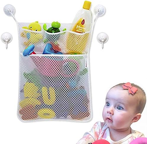 Bath Toy Organizer - Large Quick Dry Mesh Net Bathub Toy Storage - Four Extra Strong Suction Hooks and 3M Stickers for super hold to any wall - BPA Free and Machine Washable - by Vagabond Baby