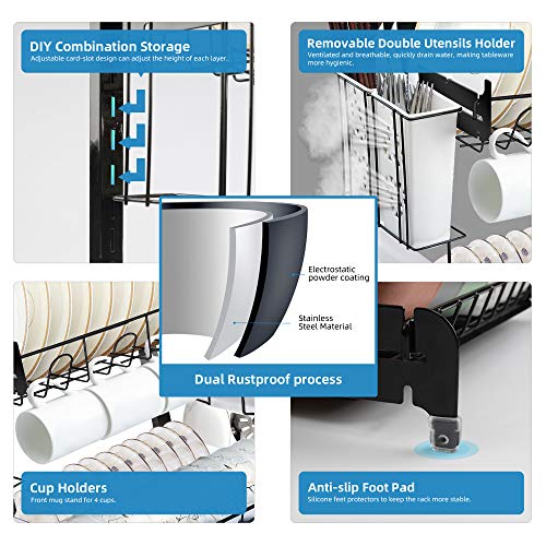 Dish Drying Rack, YIIMER Stainless Steel 2-Tier Dish Rack with Drainboard Set, Height-adjustable Dish Drainer with Utensil Holder, Knife Holder and Cup Holder for Kitchen Counter Top Black