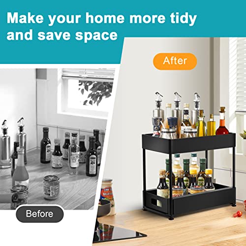 Under Sink Organizers and Storage, Vutlue 2 Tier Stackable Under Sink Cabinet Organizer with Sliding Storage Drawer and 4 Hooks, Multi-Purpose Pull Out Under Sink Organizers for Bathroom, Kitchen
