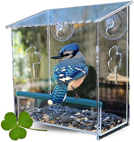 CRZJ Window Bird Feeder, Transparent Automatic Parrot Feeder Acrylic Adsorption Type House Shape Bird Feeder House Exterior Hanging Decoration
