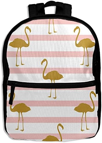 Gold Flamingo White And Pink Striped School Backpack Travel Bags Bookbag For Kids