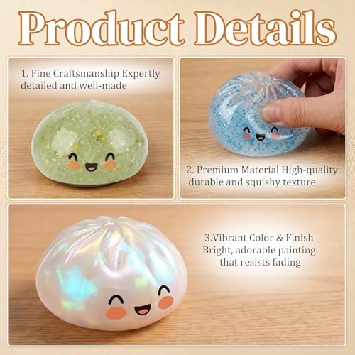 ORCHID M® 2 Pcs 3.1" Big Glitter Dumpling Squishy, Dumpling Box, Colorful Dumplings Stress Balls Fidget Sensory Toys, Stress Relief Squeeze Fidget Toy for Kids Adults (Pink, Gold)