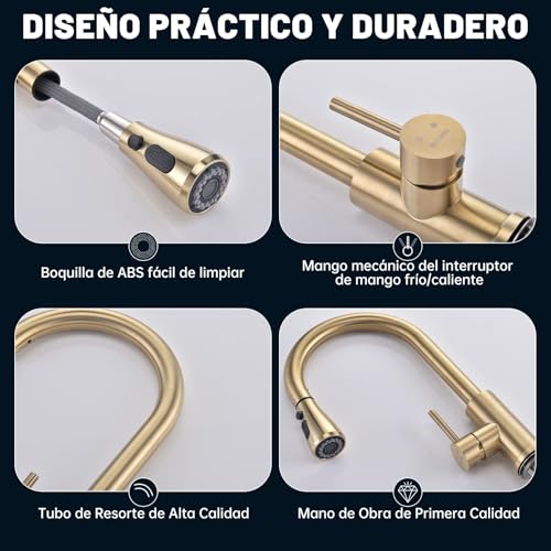 BLYLUND Grifos de cocina Dorado, moderno grifo de fregadero de cocina sus304 de acero inoxidable de un solo mango grifo de la cocina, oro cepillado