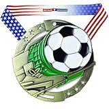 Gold Soccer M3XL Die Cast Medal - 2.75 Inches Wide - Comes with Exclusive Decade Awards Stars and Stripes American Flag V Neck Ribbon - Made of Strong Medal