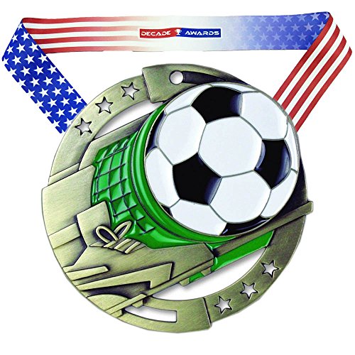 Decade Awards Gold Soccer M3XL Die Cast Medal - 2.75 Inches Wide - Comes with Exclusive Stars and Stripes American Flag V Neck Ribbon - Made of Strong Medal