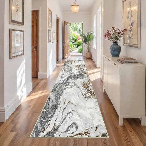 Washable Marble Runner Rug Grey