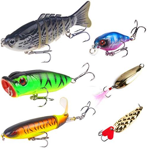 Fishing Lures Bass Lures Set,Topwater Whopper Plopper with Floating Rotating Tail Barb Treble Hooks Multi Jointed Swimbaits Slow Sinking Hard Lure Fishing Tackle Kits Lifelike （Pack of 6 pcs）