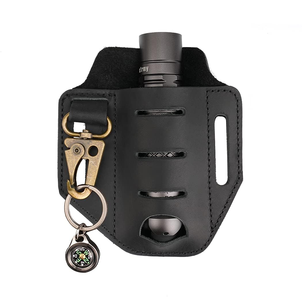 VIPERADE EDC Leather Sheath Belt Pouch Organizer Belt Loop Holster Tool Holder One Pocket EDC Belt Sheath with MOLLE System Keychain for Knife/Flashlight/Tactical Pen/Tools EDC Gear (Black/PJ9 Plus)