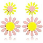 ONLYJUMP 60s 70s Daisy Earrings for Women Exaggerated Acrylic Large Flower Earrings Bohemian Boho Earring Layered Flower Petals Earrings