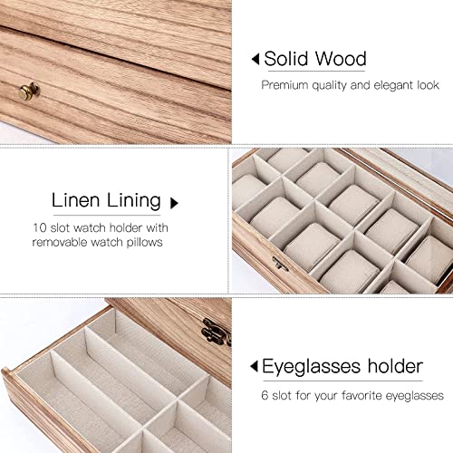 Meangood Watch Box Case, Sunglasses Holder for Men Women, 16 Slot 2 Tier Large Premium Wood Organizer with Glass Top, Rustic Style Torched Wood