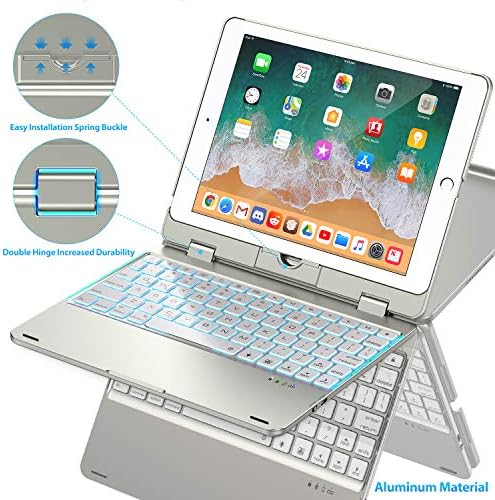 Keyboard Case Compatible with iPad 2018 (6th Gen)/2017 (5th Gen)/Pro 9.7/Air 2 & 1 | Double-Rotating Hinge & Aluminum Keyboard/Case | Colorful Backlit Keys & Long Working Time (Silver)