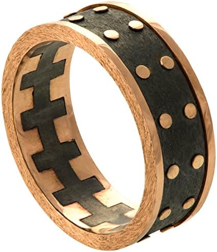 Solid 18K Rose Gold Steampunk Wedding Band For Men Men's Ring Two Tone Combined Metals Rough Black Oxidized Silver