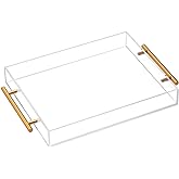 Clear Acrylic Lucite Serving Tray with Metal Handles,No Need to Assemble,11x14 Inch,Decorative Storage Organizer with Spill-Proof Design,Serving for Coffee,Breakfast,Dinner and More