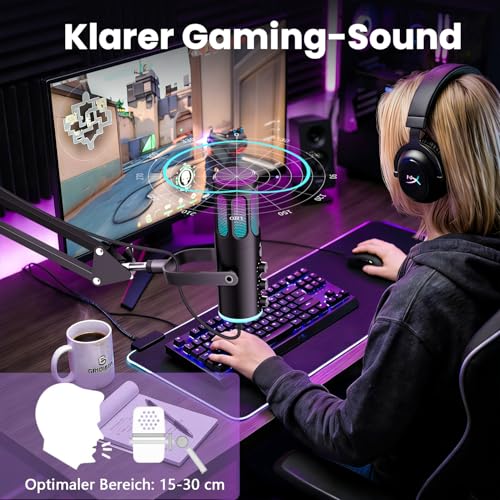 Ortizan USB Gaming Microphone PC with Swivel Arm, Mute and Monitoring | For streaming, podcast, YouTube, Discord, PS4/PS5 and Mac, with RGB light and pop filter