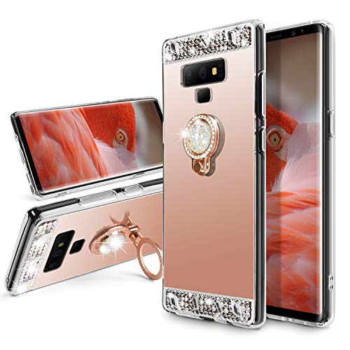 Galaxy Note 9 Case,SQMCase Glitter Diamond Mirror Makeup Soft TPU Shockproof Case with 360 Degree Rotation Finger Ring Holder Kickstand for Samsung Galaxy Note 9 (Rose Gold)