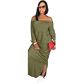 OLUOLIN Women's Casual Letter Print Off Shoulder Long Sleeve Bowknot Sides Slit Loose Long T-Shirt Maxi Dress