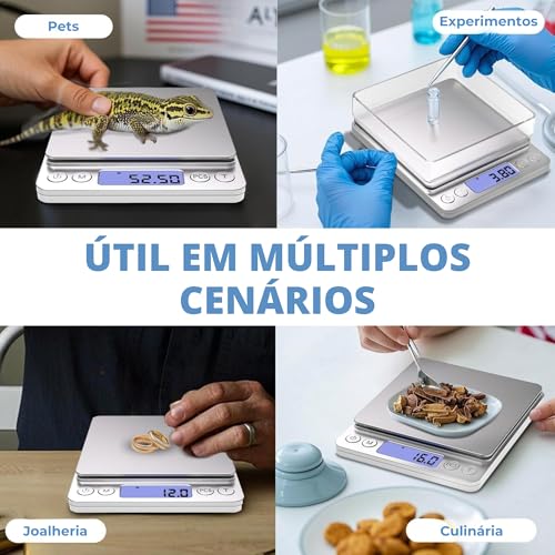 Balança Digital de Precisão para Cozinha 0,1g a 2kg Mini Inox Tara Visor LCD Pilhas Inclusas Confeitaria Café Especial Joias Suplementos Portátil 6 Unidades de Medida