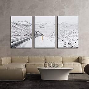 3 Piece Canvas Wall Art - Road and Hills with Snow Covered - Modern Home Art Stretched and Framed Ready to Hang - 16"x24"x3 Panels