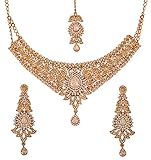 Touchstone Indian Bollywood Very Attractive Traditional Beautiful Paisley Motif White Rhinestone Grand Bridal Designer Jewelry Necklace Set for Women in Antique Gold Tone