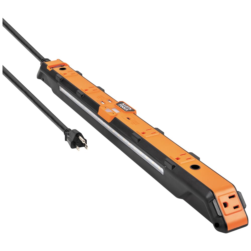 Klein Tools 29602 Magnetic Power Strip, Surge Protector with Motion Sensor LED Light, 5 Outlets, USB-C and 2 USB-A Ports, 5-Foot Cord, Heavy Duty for Workshop