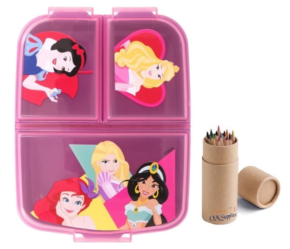 OM SUPPLIES Princess Reusable Sandwich Lunch Box 3 Multi Compartment Kids Children School Includes Half Size 12pcs Pencil Set (Princess) — image 1