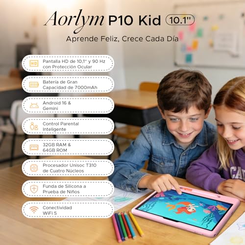 Luzglo P10 Kid Tablet 10 Inch, Android 16 Tablets, Gemini AI, 90Hz, 32GB RAM+64GB ROM, 7000mAH, 5G WiFi, Face ID, OTG, GPS, Tablet with Pencil, Tablet for 7-10 Years, Blue