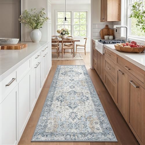 GENIMO Vintage Läufer Teppich Blau, Waschbar für Flur, 80x200 cm