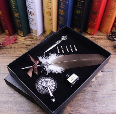 Joyisland Antique Feather Copper Pen Stem Antique True Feather Metal Nibbed Calligraphy Pen for Harry Potter Fans