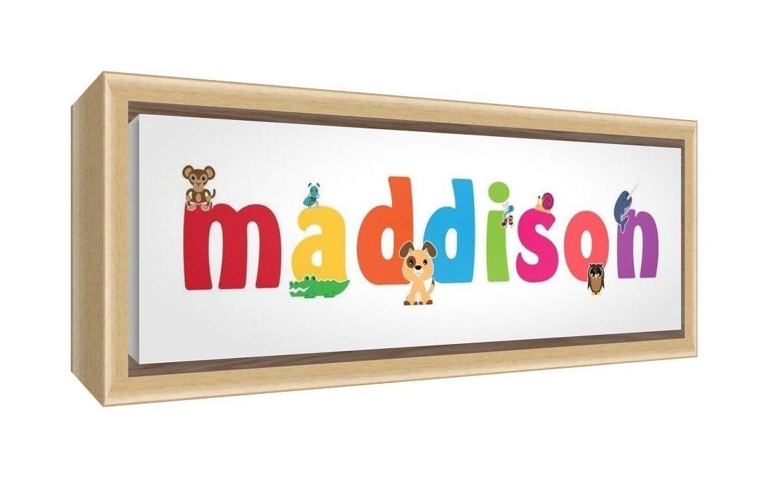 Feel Good Art Framed Box Canvas with Solid Natural Wooden Surround in Cute Illustrative Design Girl's Name (19 x 46 x 3 cm, Small, Maddison)