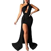 LAGSHIAN Women Sexy Elegant One Shoulder High Split Cutout Long Evening Dress