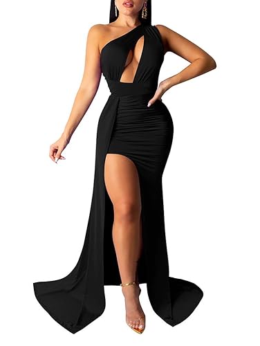 LAGSHIAN Women Sexy Elegant One Shoulder High Split Cutout Long Evening  Dress Black in Kenya | Whizz Dresses