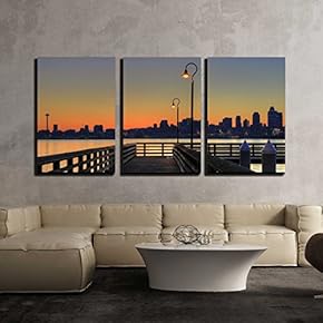 3 Piece Canvas Wall Art - Downtown Skyline from The Pier at Sunrise - Modern Home Art Stretched and Framed Ready to Hang - 16"x24"x3 Panels