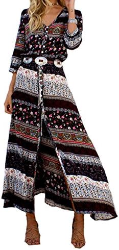 Women Vintage Boho V Neck Button Split Long Beach Party Dress Plus Size (M, Brown)