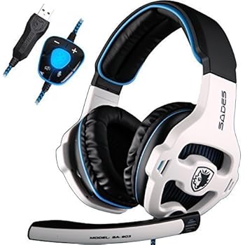 SADES 7.1 Surround Sound Pro USB PC Stereo Noise-Canceling Gaming Headset with High Sensitivity Mic Volume-Control Blue LED lighting, White (SA903)